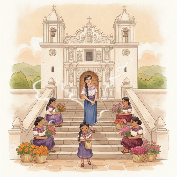 Illustration from a Moncho living tale β the church steps of Santo TomΓ‘s, Chichicastenango
